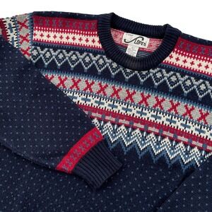 VTG 90s Steep Slopes Sweater Men L Navy Fair Isle Nordic Knit Apres Ski Birdseye